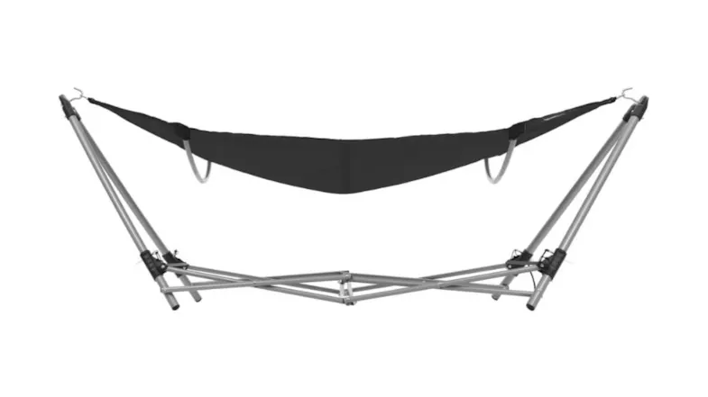 NNEVL foldable hammock stand with black fabric bed, fully assembled NNEVL foldable hammock stand with black fabric bed, fully assembled