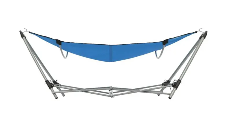 NNEVL foldable hammock stand with blue fabric bed, fully assembled NNEVL foldable hammock stand with blue fabric bed, fully assembled