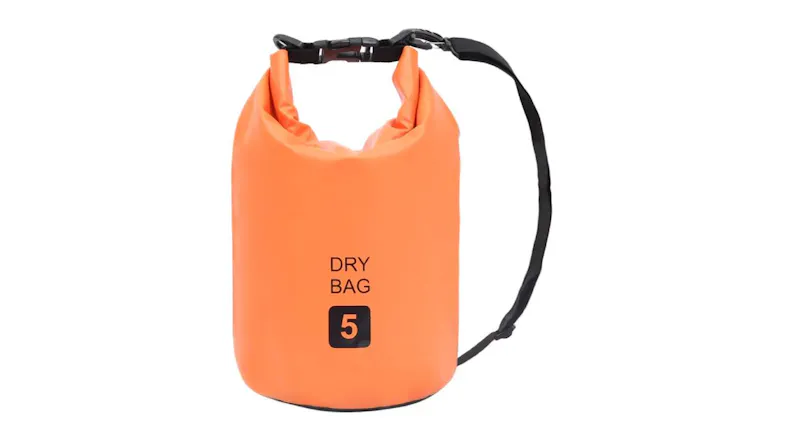 NNEVL 5L orange dry bag, rolled and buckled with shoulder strap NNEVL 5L orange dry bag, rolled and buckled with shoulder strap