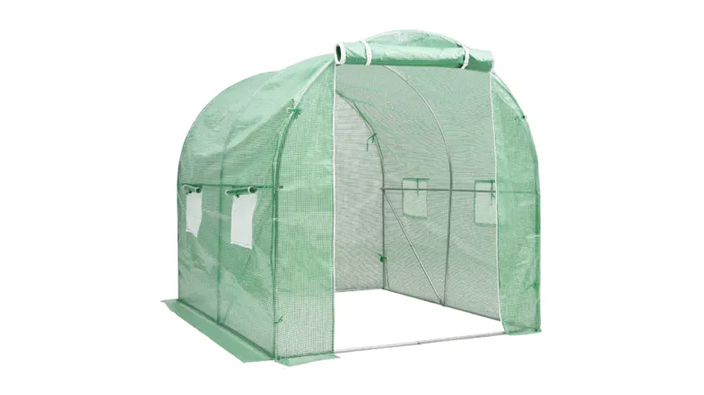 Green walk-in tunnel NNEVL greenhouse with a rolled-up door, small windows, and a metal frame Green walk-in tunnel NNEVL greenhouse with a rolled-up door, small windows, and a metal frame