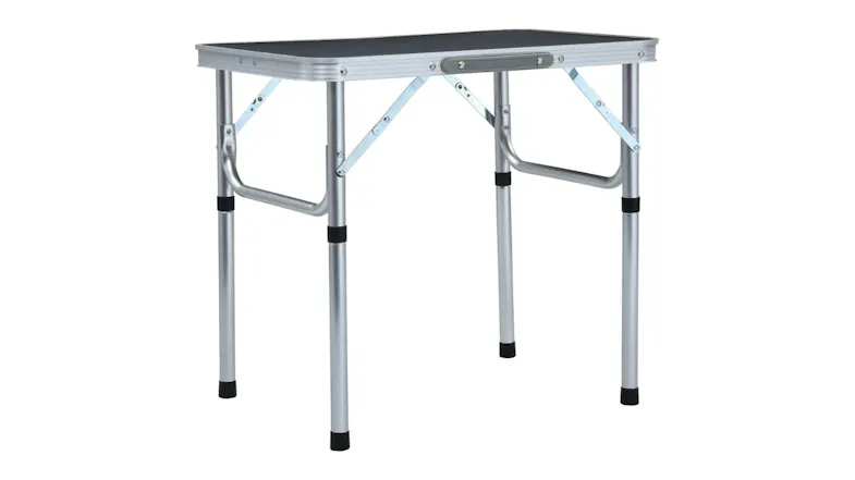 An open folding table with an aluminium frame, a black tabletop surface, and sturdy legs An open folding table with an aluminium frame, a black tabletop surface, and sturdy legs