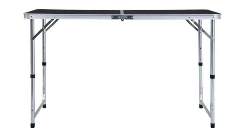 A front view of a long rectangular folding camping table with a black tabletop and silver aluminium frame A front view of a long rectangular folding camping table with a black tabletop and silver aluminium frame