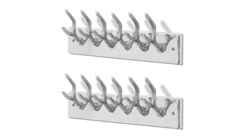 Angled view of two NNEVL Wall-Mounted Coat Hooks in silver colour Angled view of two NNEVL Wall-Mounted Coat Hooks in silver colour