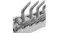 Close-up view of a silver wall-mounted coat rack with curved hooks Close-up view of a silver wall-mounted coat rack with curved hooks