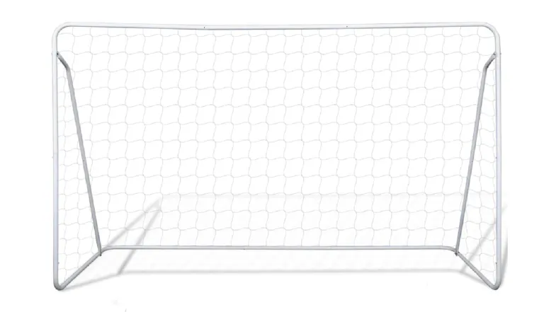 A single white NNEVL football goal with a thin metal frame and white mesh netting stands alone A single white NNEVL football goal with a thin metal frame and white mesh netting stands alone