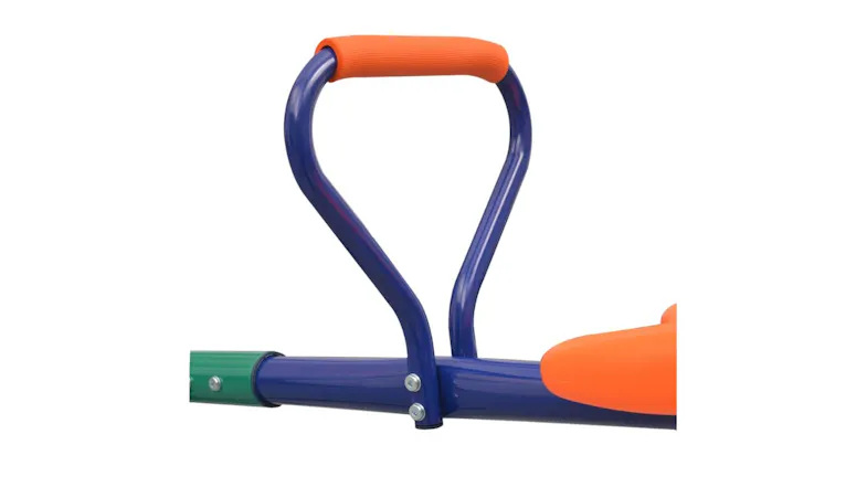 A close‑up of the blue metal handlebars with an orange grip above the seat attachment point. A close‑up of the blue metal handlebars with an orange grip above the seat attachment point.