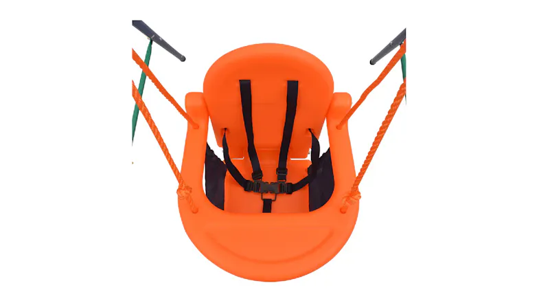 A top‑down view of the orange toddler swing seat displaying the black harness system A top‑down view of the orange toddler swing seat displaying the black harness system