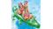 Two kids are sitting on the pool float while an adult pushes it for them Two kids are sitting on the pool float while an adult pushes it for them