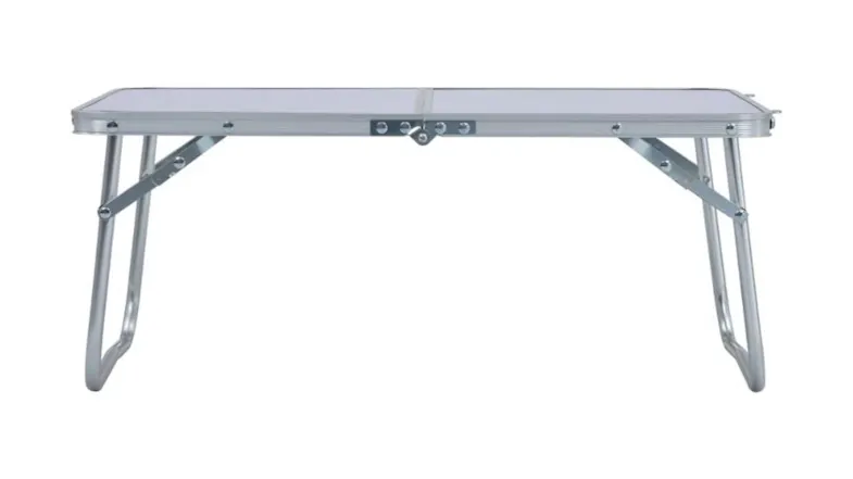 Long, white rectangular NNEVL folding camping table with silver aluminium legs and a centre hinge for folding Long, white rectangular NNEVL folding camping table with silver aluminium legs and a centre hinge for folding