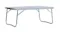 Angled view of a long, white rectangular NNEVL folding camping table with silver U-shaped legs and a side carrying handle Angled view of a long, white rectangular NNEVL folding camping table with silver U-shaped legs and a side carrying handle