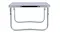 Front view of a white rectangular NNEVL camping table with silver U-shaped legs and a black side carrying handle Front view of a white rectangular NNEVL camping table with silver U-shaped legs and a black side carrying handle