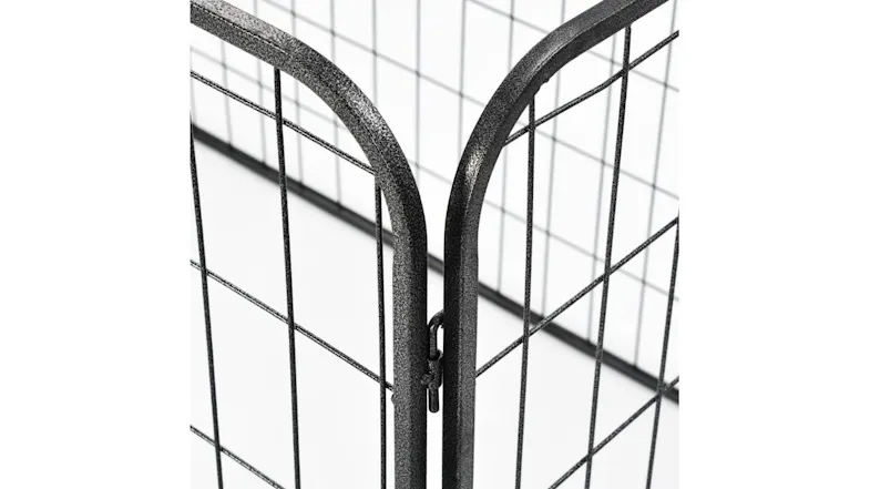A close-up of rounded top corners and hinge connection on a black metal wire pet playpen A close-up of rounded top corners and hinge connection on a black metal wire pet playpen