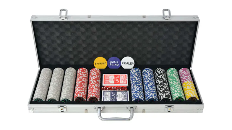 An open, silver aluminium NNEVL poker case filled with rows of multicoloured chips, two decks of cards, dice, and dealer buttons An open, silver aluminium NNEVL poker case filled with rows of multicoloured chips, two decks of cards, dice, and dealer buttons