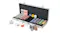 An open, silver NNEVL poker set case with colourful chips, two card decks, red dice, and small blind, big blind, and dealer discs An open, silver NNEVL poker set case with colourful chips, two card decks, red dice, and small blind, big blind, and dealer discs