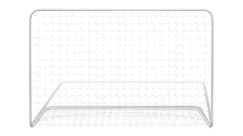 A front view of the NNEVL soccer goal with a white metal frame and a tightly woven net A front view of the NNEVL soccer goal with a white metal frame and a tightly woven net