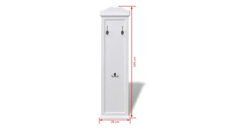 White wall-mounted coat rack with hooks showing labelled dimensions in centimetres White wall-mounted coat rack with hooks showing labelled dimensions in centimetres