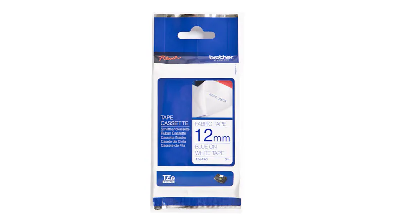 Brother TZEFA3 Iron on Fabric Tape Blue on White Brother TZEFA3 Iron on Fabric Tape Blue on White