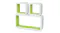 Three white and lime green shelves: two square units stacked on a large horizontal rectangular shelf Three white and lime green shelves: two square units stacked on a large horizontal rectangular shelf