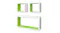 Three white and lime green floating shelves: one large horizontal rectangle below two smaller square units Three white and lime green floating shelves: one large horizontal rectangle below two smaller square units