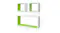 Three white and lime green floating shelves with dimensional labels in centimetres showing heights, widths, and depths Three white and lime green floating shelves with dimensional labels in centimetres showing heights, widths, and depths