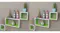 Two identical side-by-side images of white and green floating shelves on a wall, decorated with various ornaments Two identical side-by-side images of white and green floating shelves on a wall, decorated with various ornaments