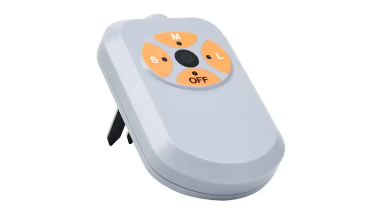 Grey soil moisture sensor with orange buttons labelled S, M, L, and OFF, and two black soil probes underneath Grey soil moisture sensor with orange buttons labelled S, M, L, and OFF, and two black soil probes underneath
