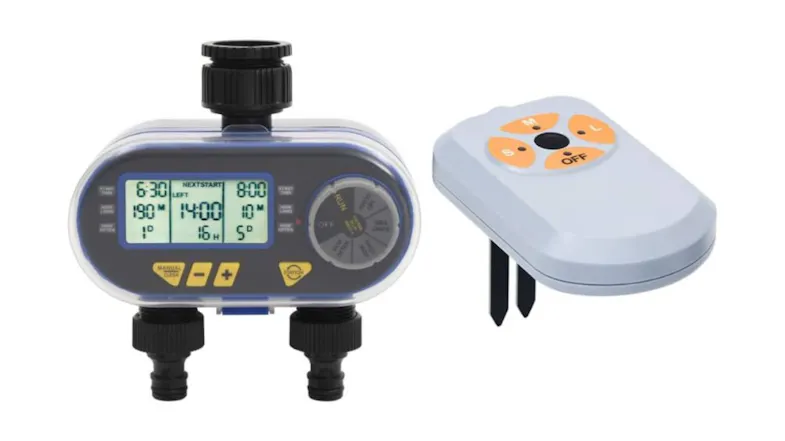 NNEVL digital water timer with dual outlets and an LCD screen, positioned next to a grey soil moisture sensor with orange buttons NNEVL digital water timer with dual outlets and an LCD screen, positioned next to a grey soil moisture sensor with orange buttons