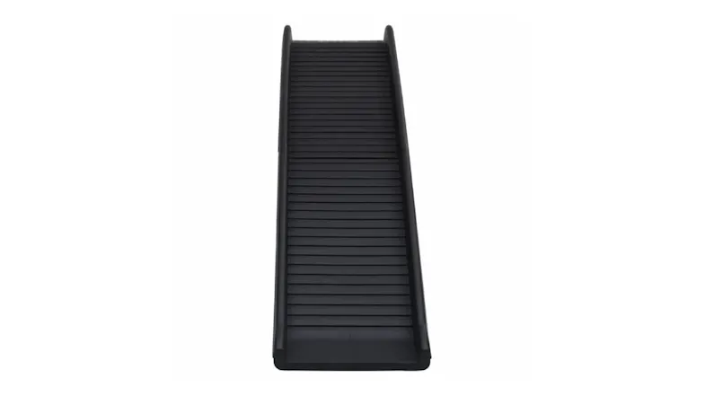 A top view of a black folding dog ramp with a non‑slip ridged surface and raised side rails A top view of a black folding dog ramp with a non‑slip ridged surface and raised side rails