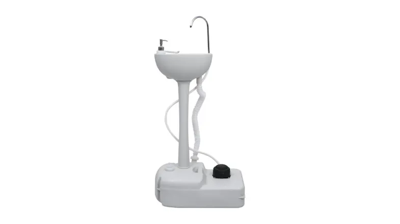 A portable NNEVL camping sink with a white basin, foot‑pump base, tall faucet, and integrated soap dispenser A portable NNEVL camping sink with a white basin, foot‑pump base, tall faucet, and integrated soap dispenser
