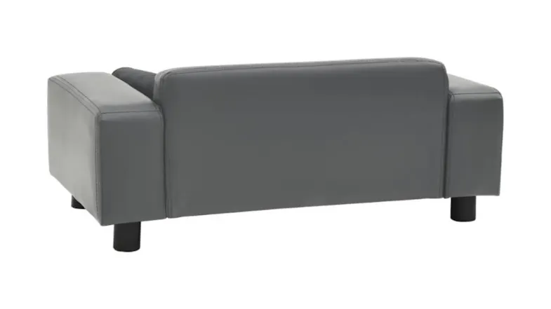 Rear view of the grey NNEVL dog sofa showing the smooth grey upholstery and cylindrical legs Rear view of the grey NNEVL dog sofa showing the smooth grey upholstery and cylindrical legs