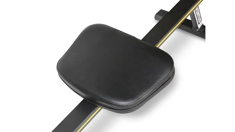 A close-up of a padded, contoured black faux leather seat mounted on the central slide rail A close-up of a padded, contoured black faux leather seat mounted on the central slide rail
