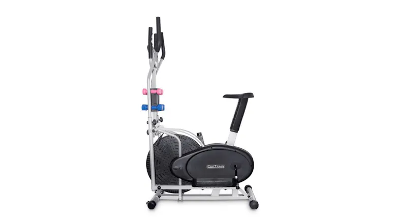 Side view of a PROTRAIN combo elliptical and exercise bike with a seat, pedals, and mounted dumbbells Side view of a PROTRAIN combo elliptical and exercise bike with a seat, pedals, and mounted dumbbells