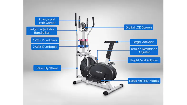 Diagram of an elliptical bike highlighting features such as an LCD screen, adjustable seat, handlebars, dumbbells, and pedals Diagram of an elliptical bike highlighting features such as an LCD screen, adjustable seat, handlebars, dumbbells, and pedals