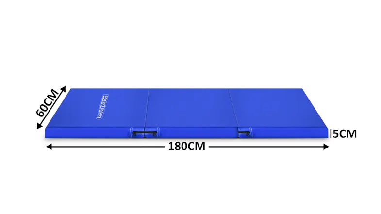 Blue tri-fold exercise mat diagram showing measurements: 180cm long, 60cm wide, 5cm thick Blue tri-fold exercise mat diagram showing measurements: 180cm long, 60cm wide, 5cm thick