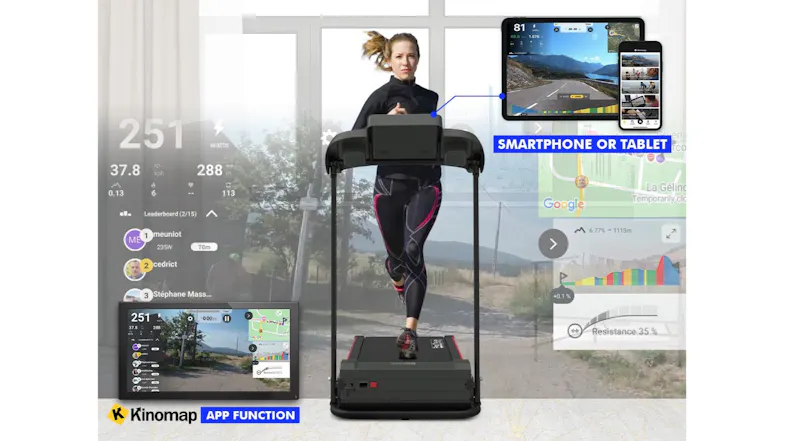 A person running on a treadmill while viewing interactive fitness app data on screens, with the Kinomap app function A person running on a treadmill while viewing interactive fitness app data on screens, with the Kinomap app function