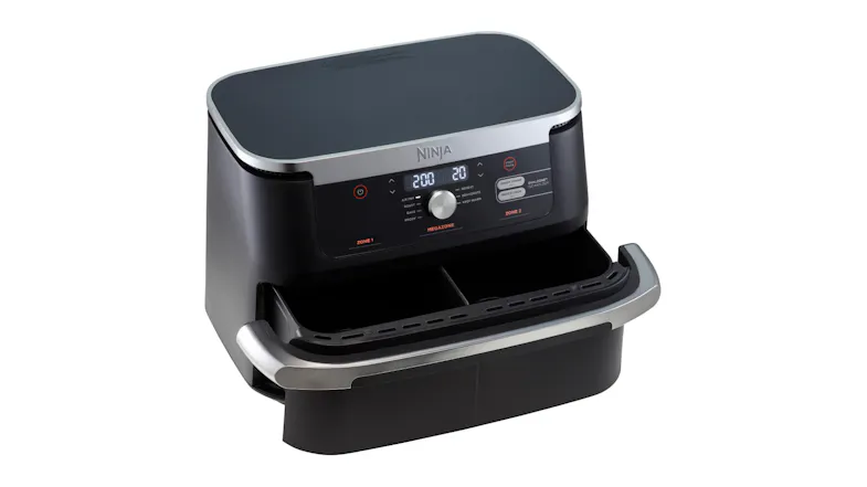 Ninja 10.4L air fryer with control panel lit and a basket fully opened Ninja 10.4L air fryer with control panel lit and a basket fully opened