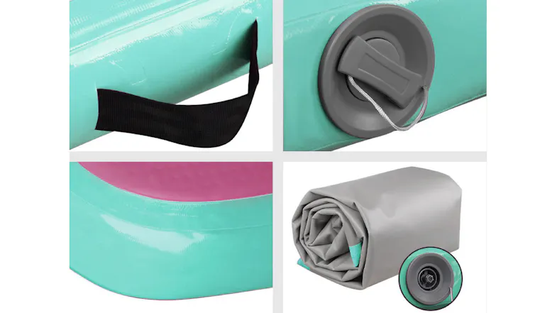 Four-panel image showing product details: the carrying handle, the air valve, a corner, and the rolled-up mat Four-panel image showing product details: the carrying handle, the air valve, a corner, and the rolled-up mat