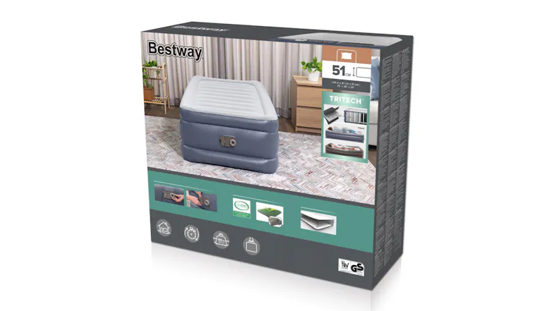 Box packaging for Bestway air mattress with product features, icons, and “51 cm” height label Box packaging for Bestway air mattress with product features, icons, and “51 cm” height label
