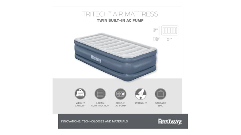 Tritech twin air mattress with built-in AC pump, shown with size (97×191×51 cm) and feature icons Tritech twin air mattress with built-in AC pump, shown with size (97×191×51 cm) and feature icons