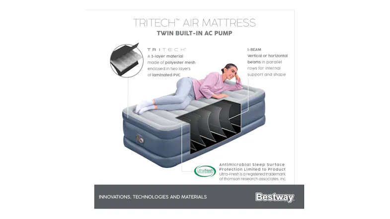 Grey Tritech twin air mattress with built-in AC pump and cutaway showing internal I-beam support layers Grey Tritech twin air mattress with built-in AC pump and cutaway showing internal I-beam support layers