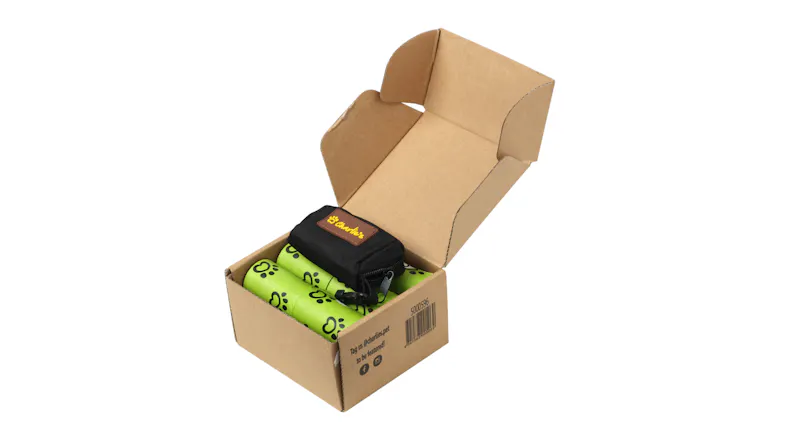 Box of green dog waste bag rolls with a black zippered dispenser pouch. Box of green dog waste bag rolls with a black zippered dispenser pouch.