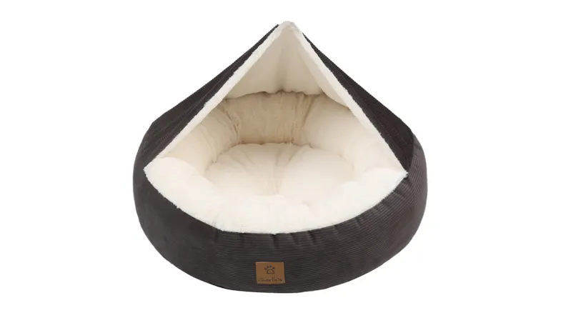 Dome-shaped pet bed with dark corduroy exterior. Dome-shaped pet bed with dark corduroy exterior.