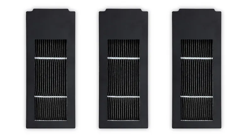 Three black rectangular vacuum filters shown side by side, each with a pleated inner surface Three black rectangular vacuum filters shown side by side, each with a pleated inner surface