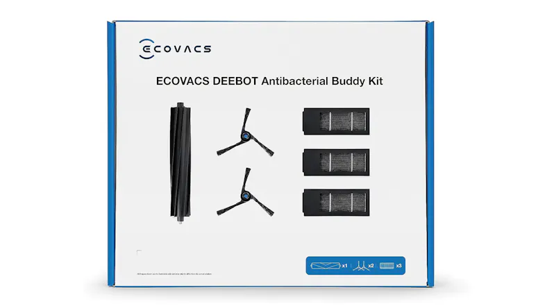 Front view of the Ecovacs Deebot Antibacterial Buddy Kit retail box, showing the brand name Front view of the Ecovacs Deebot Antibacterial Buddy Kit retail box, showing the brand name