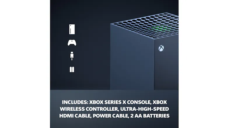 The Xbox Series X Console shown with included controller, HDMI cable, power cables, and batteries The Xbox Series X Console shown with included controller, HDMI cable, power cables, and batteries