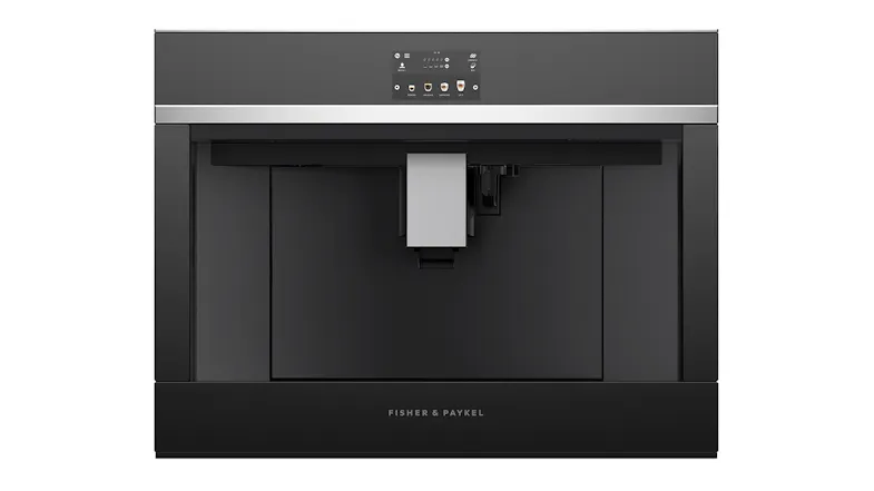 A built-in coffee machine with a sleek black and silver design and central dispenser. A built-in coffee machine with a sleek black and silver design and central dispenser.