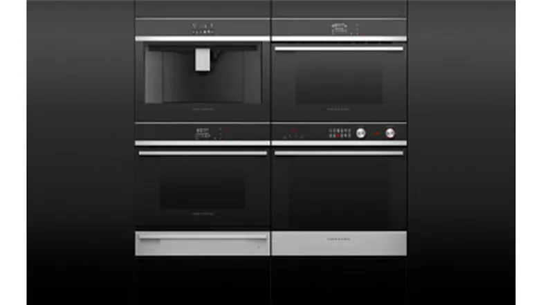 Four stacked kitchen appliances, one being a built-in coffee machine. Four stacked kitchen appliances, one being a built-in coffee machine.