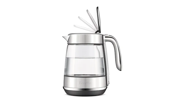 Glass kettle in brushed stainless steel with the hinged lid shown opening in stages Glass kettle in brushed stainless steel with the hinged lid shown opening in stages