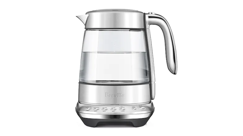 Breville Smart Crystal Luxe kettle in brushed stainless steel filled with water, viewed from the front Breville Smart Crystal Luxe kettle in brushed stainless steel filled with water, viewed from the front