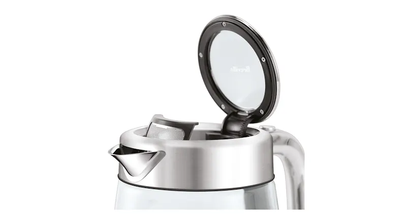 Close‑up of the Breville Smart Crystal Luxe kettle with the lid open, showing the underside of the glass lid Close‑up of the Breville Smart Crystal Luxe kettle with the lid open, showing the underside of the glass lid